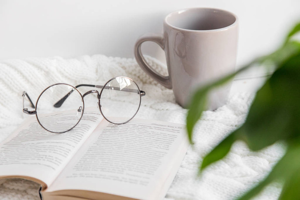 home comfort and winter evening. soft focus leaves, vintage glasses, cup, book on a knitted rug. learning, profession editor, proofreader, writer - Fotó, kép