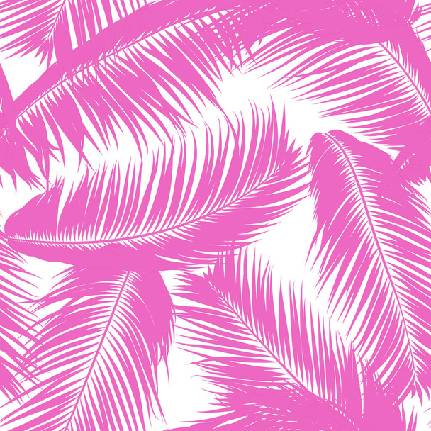 Vaaleanpunaiset trooppiset palmun lehdet. Vektorin saumaton kuvio. Yksinkertainen siluetti kookos lehtiä luonnos. Kesäkukan tausta. Taustakuva eksoottisia palmun lehtiä tekstiili, kangas, kangas suunnittelu, laatta
. - Vektori, kuva