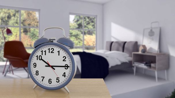 illustration 3D analog alarm clock on side table in large luxury modern bright, Time of day, interiors room  rendering computer generated image not photos and not private property - Photo, Image