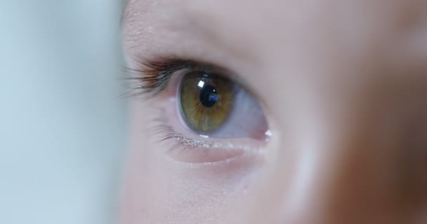 macro van de ogen van een kind tijdens het gebruik van een tablet, smartphone.the toekomst van web technologie en video technologie concept. verbindingen en visie op de toekomst van kinderen met het web. Internet bescherming. - Video