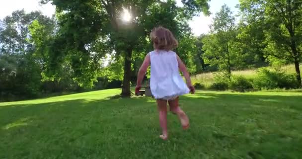 two-year-old girl runs toward a tree in a meadow and grows as he runs. concept of growth, life passing, passing time. pleasant life and freedom - Felvétel, videó