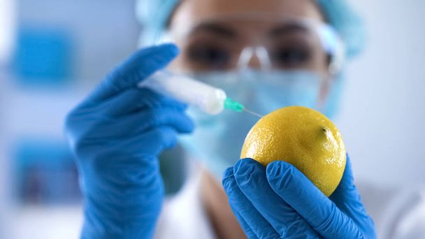 Biochemiker injiziert chemische Flüssigkeit in Zitrone, Parfümerieproduktion - Foto, Bild