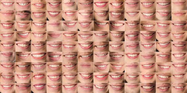 Collection of images of human mouths of men and women forming a texture. Collage of lips background - Photo, image