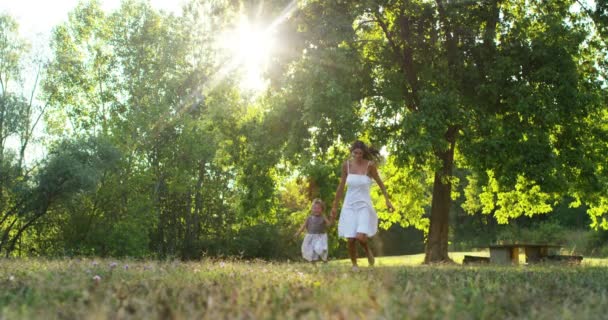 ekologie, mladá matka s její rozkošný dva let stará dívka hraje venku s láskou. koncepce rodinné lásky k přírodě. šťastné děti s láskou rodiče. koncept zelené a udržitelnost. - Záběry, video