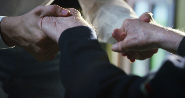 De hand van een jong meisje (vrouw) houdt de hand van een bejaarde, een teken van liefde, geloof en help en ondersteuning, hulp aan familieleden. Concept aan boord van huis, sanatorium, verpleeghuis, hulp voor ouderen - Video