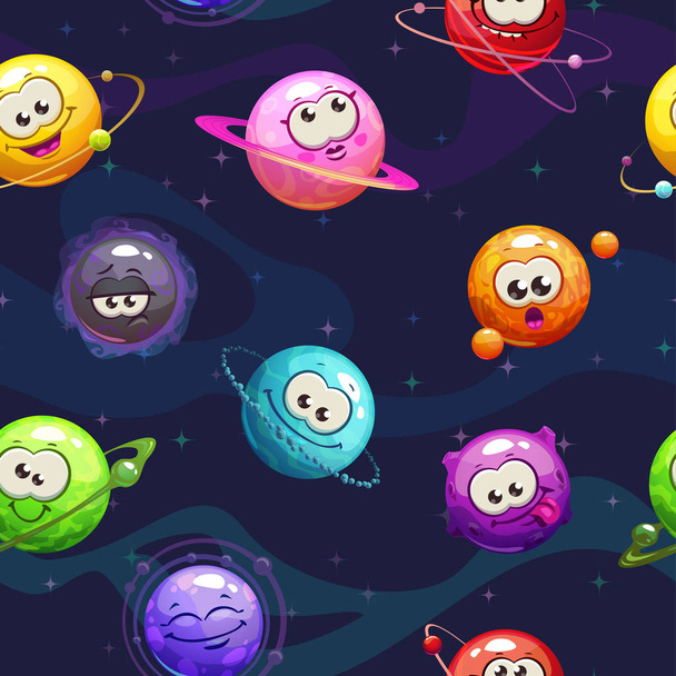 Seamless pattern with cute cartoon funny planets. - Vettoriali, immagini