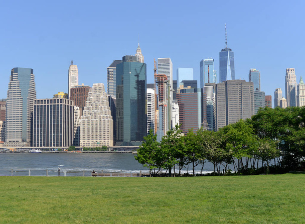 View on financial district in lower Manhattan from Brooklyn Bridge Park, New York. - Foto, afbeelding