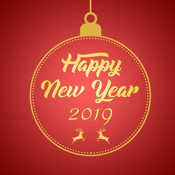 2019 С Новым Годом! Дизайн шаблона новогодней открытки на фоне красного градиента с оленем, текст с ручным рисунком в мяче
. - Фото, изображение