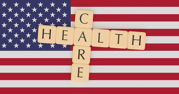 USA News Concept: Letter Tiles Health Care On US Flag, 3d illustration - Foto, Imagem