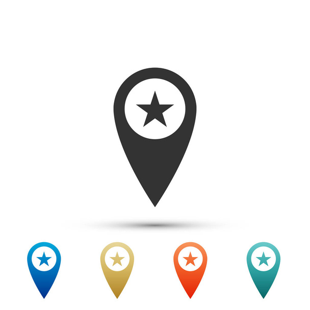 Map pointer with star icon isolated on white background. Star favorite pin map icon. Map markers. Set elements in colored icons. Flat design. Vector Illustration - Vector, Image