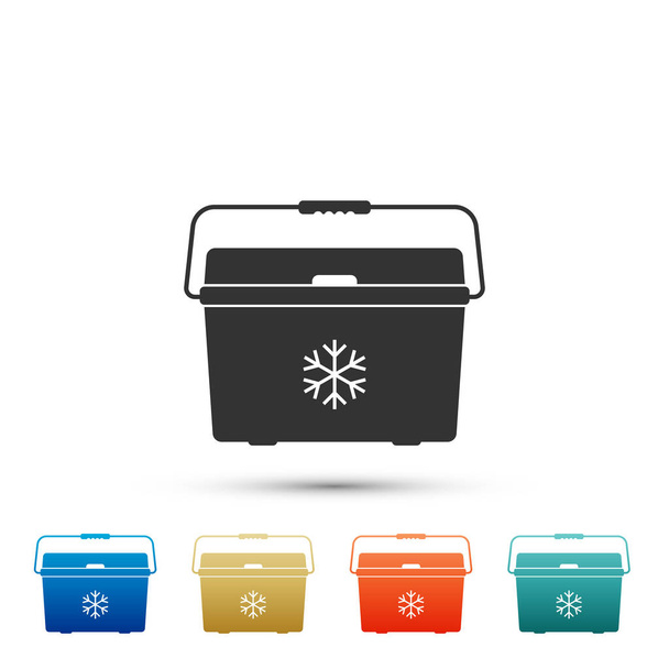 クーラー バッグ アイコンは、白い背景で隔離。ポータブル フリーザー バッグ。ハンドヘルドの冷蔵庫。色付きのアイコンで要素を設定します。フラットなデザイン。ベクトル図 - ベクター画像