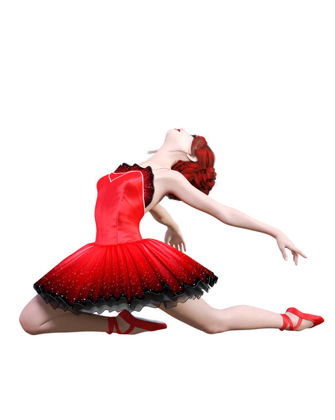 Dancing ballerina.Red ballet tutu.Redhead girl with blue eyes.Ballet dancer.Studio photography.High key.Conceptual fashion art.3D render realistic illustration.White background. - Foto, Imagem