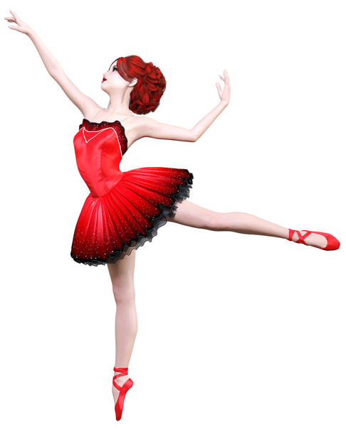 Dancing ballerina.Red ballet tutu.Redhead girl with blue eyes.Ballet dancer.Studio photography.High key.Conceptual fashion art.3D render realistic illustration.White background. - Foto, imagen