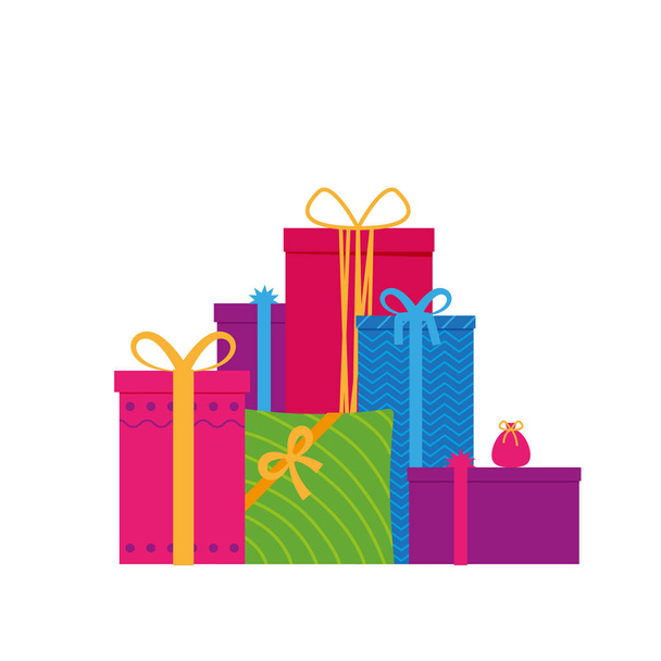 Regalos de montaña. Gran pila de coloridas cajas de regalo envueltas. Hermosa caja de regalo con lazo. Icono de caja regalo. Símbolo regalo. Caja de regalo de Navidad. Envoltura elegante decorativa para regalos paquete. Ilustración vectorial
 - Vector, Imagen