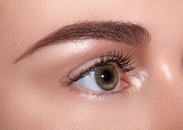Close-up Macro of Beautiful Female Eye with Perfect Shape Eyebrows. Clean skin, Fashion Naturel Make-Up. Good Vision. - Fotografie, Obrázek