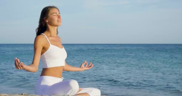 video van vrouw doen yoga buiten bij zeewater  - Video