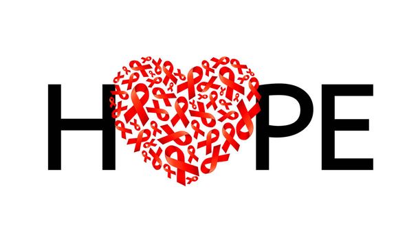 Ελπίδα σχεδιασμός γραμμάτων με σχήμα καρδιάς κόκκινη κορδέλα. Παγκόσμια ημέρα κατά του Aids. AIDS ευαισθητοποίησης σχεδίαση αφίσας, πανό, t-shirt. Εικονογράφηση διάνυσμα που απομονώνονται σε λευκό φόντο. - Διάνυσμα, εικόνα