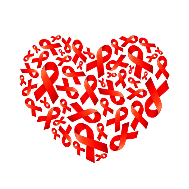 Κόκκινη κορδέλα συμπληρώσετε σε σχήμα καρδιάς. Παγκόσμια ημέρα κατά του Aids. AIDS ευαισθητοποίησης εικονίδιο Σχεδιασμός αφίσας, πανό, t-shirt. Εικονογράφηση διάνυσμα που απομονώνονται σε λευκό φόντο. - Διάνυσμα, εικόνα