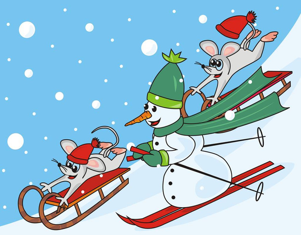 Ποντίκια και χιονάνθρωπος, αστεία διανυσματικά εικονογράφηση - Διάνυσμα, εικόνα