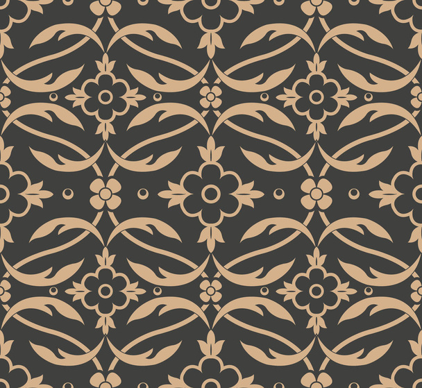 Vector damask seamless retro pattern background spiral curve cross leaf frame vine flower. Elegant luxury brown tone design for wallpapers, backdrops and page fill. - Вектор, зображення