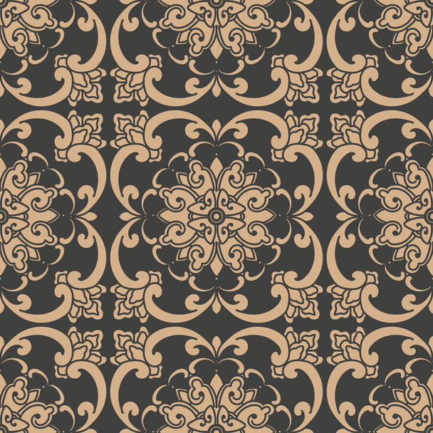 Vector damask seamless retro pattern background oriental round spiral curve cross frame vine leaf flower chain. Elegant luxury brown tone design for wallpapers, backdrops and page fill. - Vector, Image