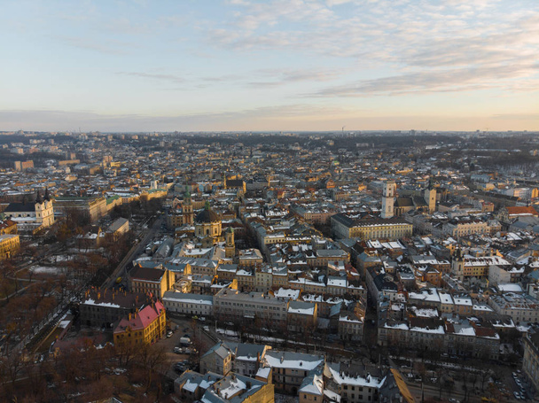 beauty sunset over old european city. birds eye view - Fotó, kép