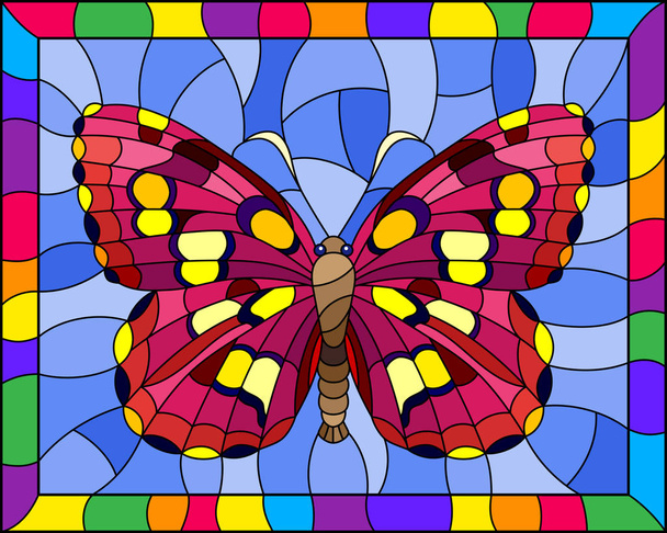Illustration in stained glass style with bright pink hawk moth on a blue background in a bright frame - Vector, Image