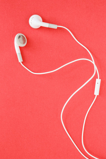 earbuds or earphones on red background - Photo, Image