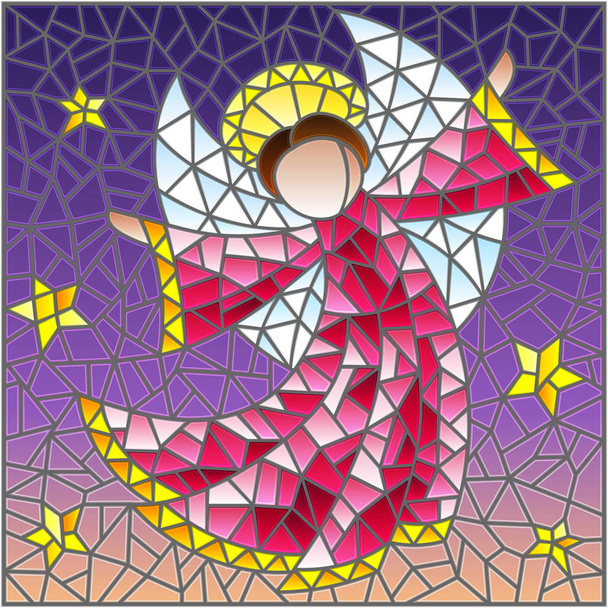 Ilustración en el estilo de una vidriera ángel abstracto en bata rosa sobre un fondo de cielo y estrellas
 - Vector, Imagen