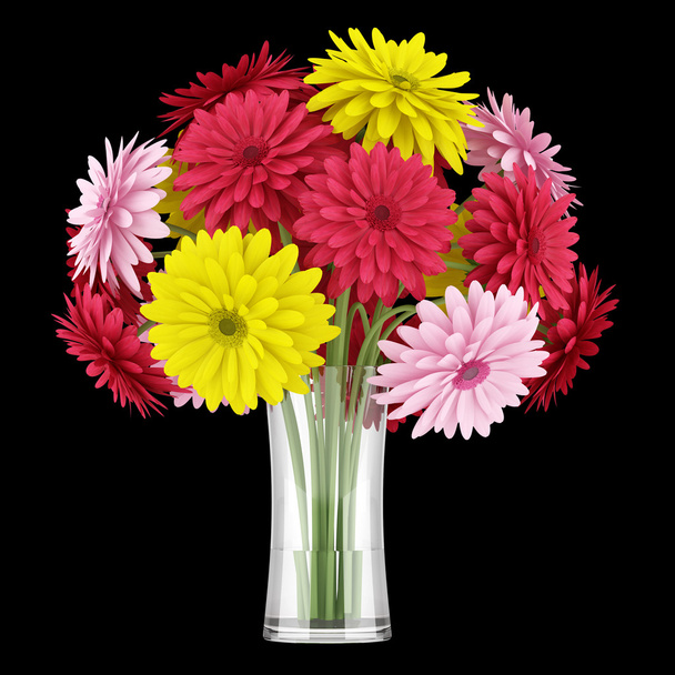 bouquet of yellow red and pink flowers in vase isolated on black - Photo, Image