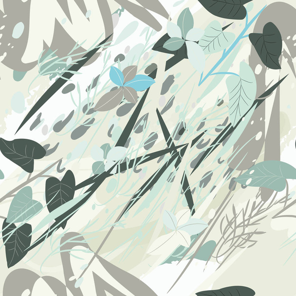 Militaire camouflage textuur met bomen, takken, gras en aquarelvlekken - Vector, afbeelding