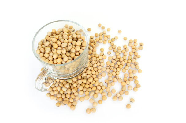 soy bean op glas cup op witte achtergrond. - Foto, afbeelding