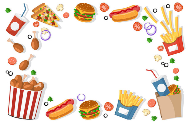 Hamburguesas de comida rápida, papas fritas, perros calientes se encuentra en un marco en un blanco. La vista desde arriba
. - Vector, imagen