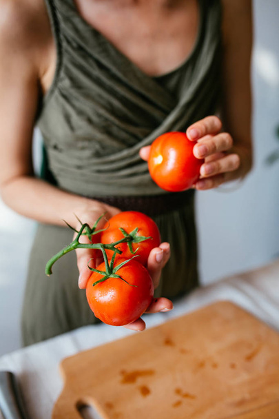 healthy food cooking food tomatoes greens - Foto, imagen