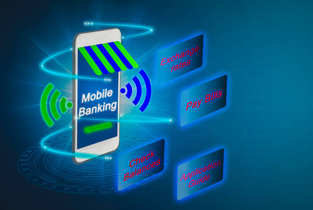 futuristisches mobiles Blanking für zukünftige, fortschrittliche Smartphones mit grafischer Benutzeroberfläche für alle Finanztransaktionen, Konzept-Banking-Netzwerk und Online-Shopping für Kunden Internet of Things (iot) mit künstlicher Intelligenz-Technologie. - Foto, Bild