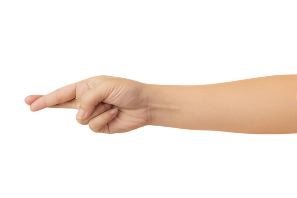 Ανθρώπινο χέρι σε απλώσεις το χέρι κάποιου και διασχίζοντας δύο δάχτυλων χειρονομία σημάδι που δηλώνει την τύχη ή εμφάνιση επιθυμία για ευνοϊκή έκβαση, απομονωθεί σε λευκό φόντο με διαδρομή αποκοπής, υψηλής ανάλυσης και χαμηλής αντίθεσης για ρετουσάρισμα ή Γραφιστικής - Φωτογραφία, εικόνα