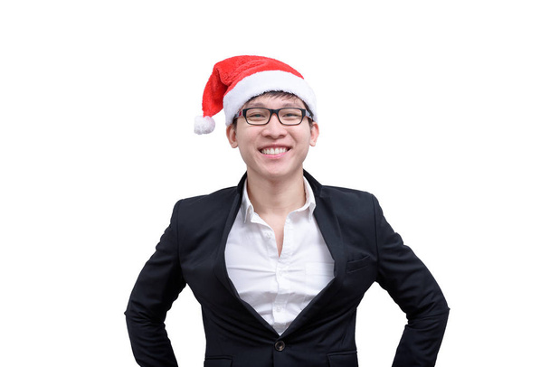 Liikemies on onnellinen ja hymyilee joulufestivaali teemoja eristetty valkoisella taustalla. - Valokuva, kuva