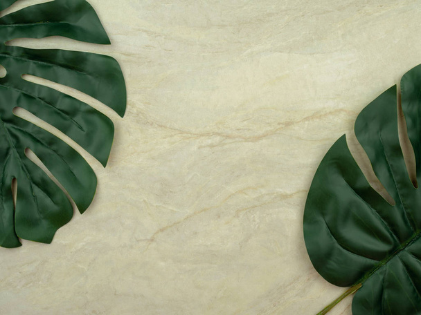 Top view of Monstera leaf on empty brown matt marble for use as background or wallpaper, Copy space  - Фото, изображение