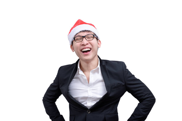 Liikemies on onnellinen ja hymyilee joulufestivaali teemoja eristetty valkoisella taustalla. - Valokuva, kuva