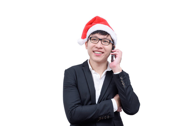 Бізнесмен розмовляє і сміється з різдвяних фестивалів ізольованих на білому фоні. - Фото, зображення
