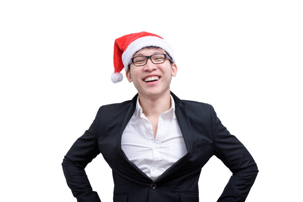 Hombre de negocios tiene feliz y sonriente con temas del festival de Navidad aislados sobre fondo blanco
. - Foto, Imagen