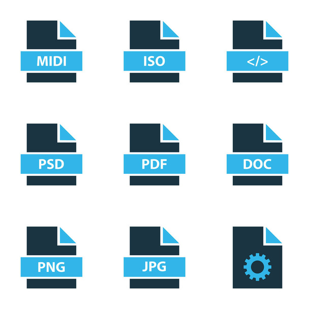 Conjunto de iconos de archivo coloreado con texto, archivo pdf, archivo png y otros elementos de configuración. Iconos de archivo de ilustración vectorial aislado
. - Vector, imagen