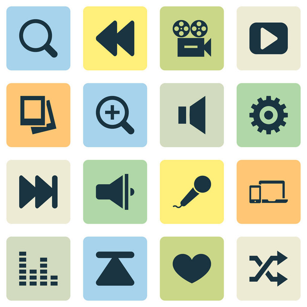Media icons set with magnifier, mute, next and other video elements. Isolated vector illustration media icons. - Вектор, зображення