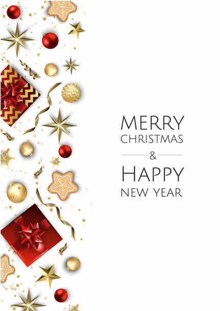 Christmas vector background. Design greeting card, banner, poster. Top view gift box, xmas decoration balls and snowflakes. - Vektor, kép