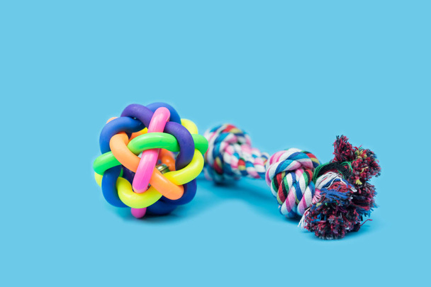Pet accessories concept.  Pet Rope and rubber ball on light blue background. - Fotoğraf, Görsel