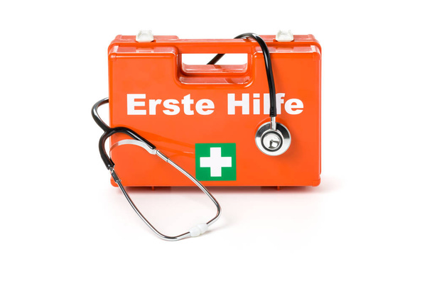 Erste Hilfe Kasten (German for First aid kit) with stethoscope  - Photo, Image
