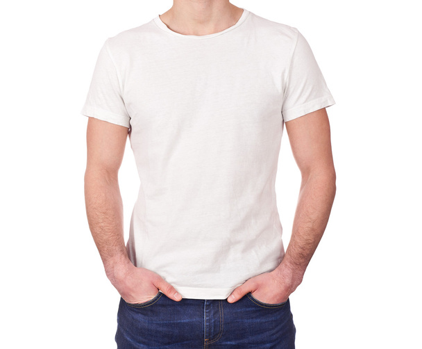 young man wearing blank white t-shirt isolated on white background - Photo, Image