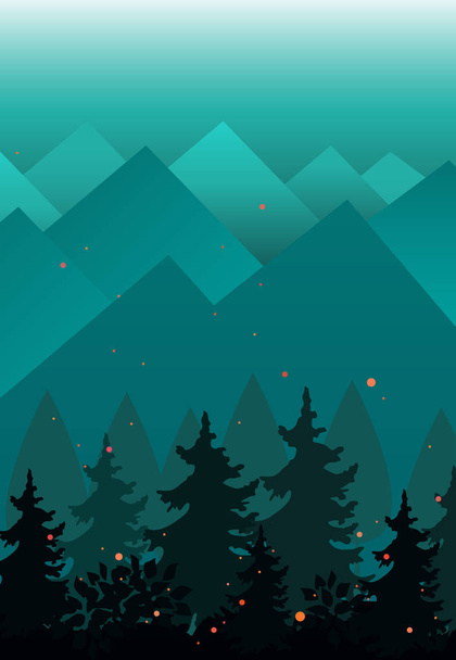 山とモミの木シルエット ベクトルの背景。夜や妖精の夜の風景 - ベクター画像