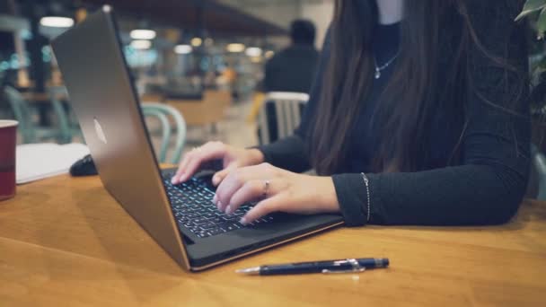 Tipik bir dizüstü bilgisayar klavye üzerinde kadın el closeup görünümü - Video, Çekim
