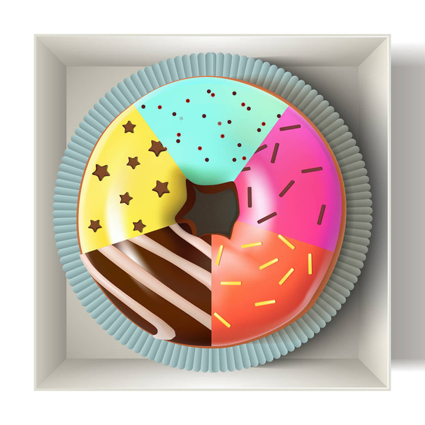 Glazed colored donut in the box 3D. Vector Illustration - Διάνυσμα, εικόνα
